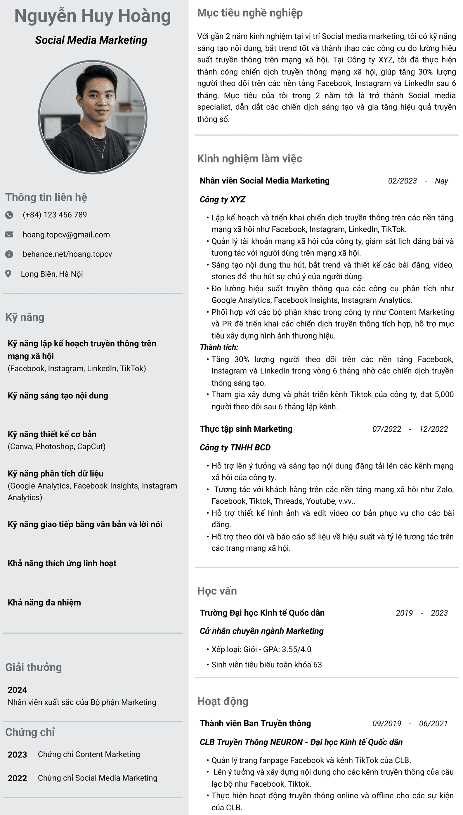 Mẫu CV Social media marketing